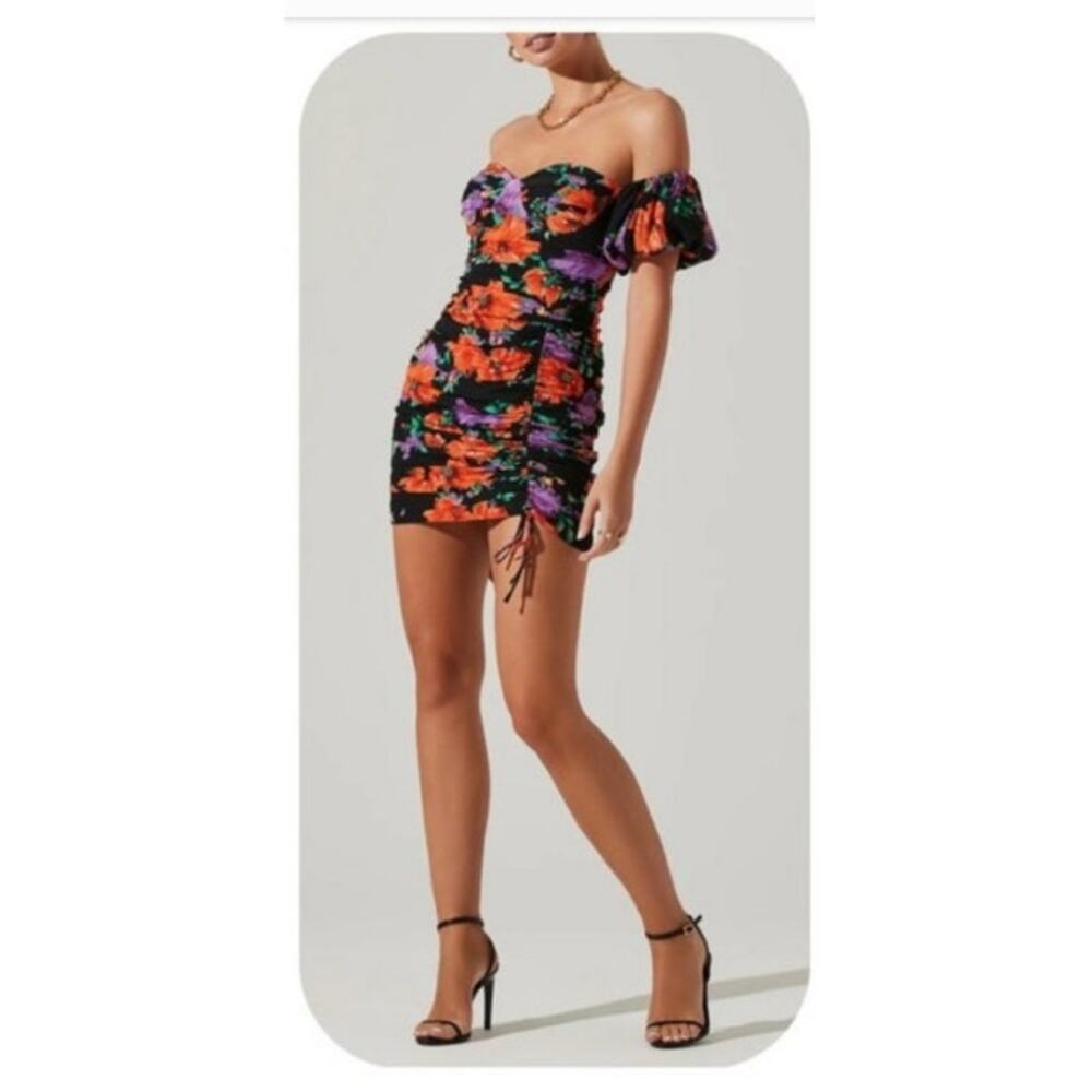 Astr The Label Floral Ruched Off the Shoulder Minidress Small Sexy Black
